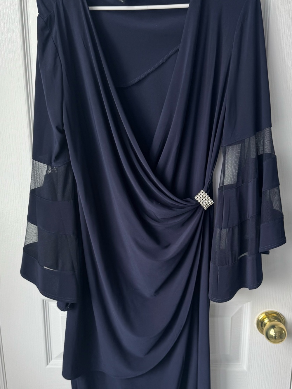 R&M Richards Navy Long Sleeve Draped Dress with Rhinestone Pin